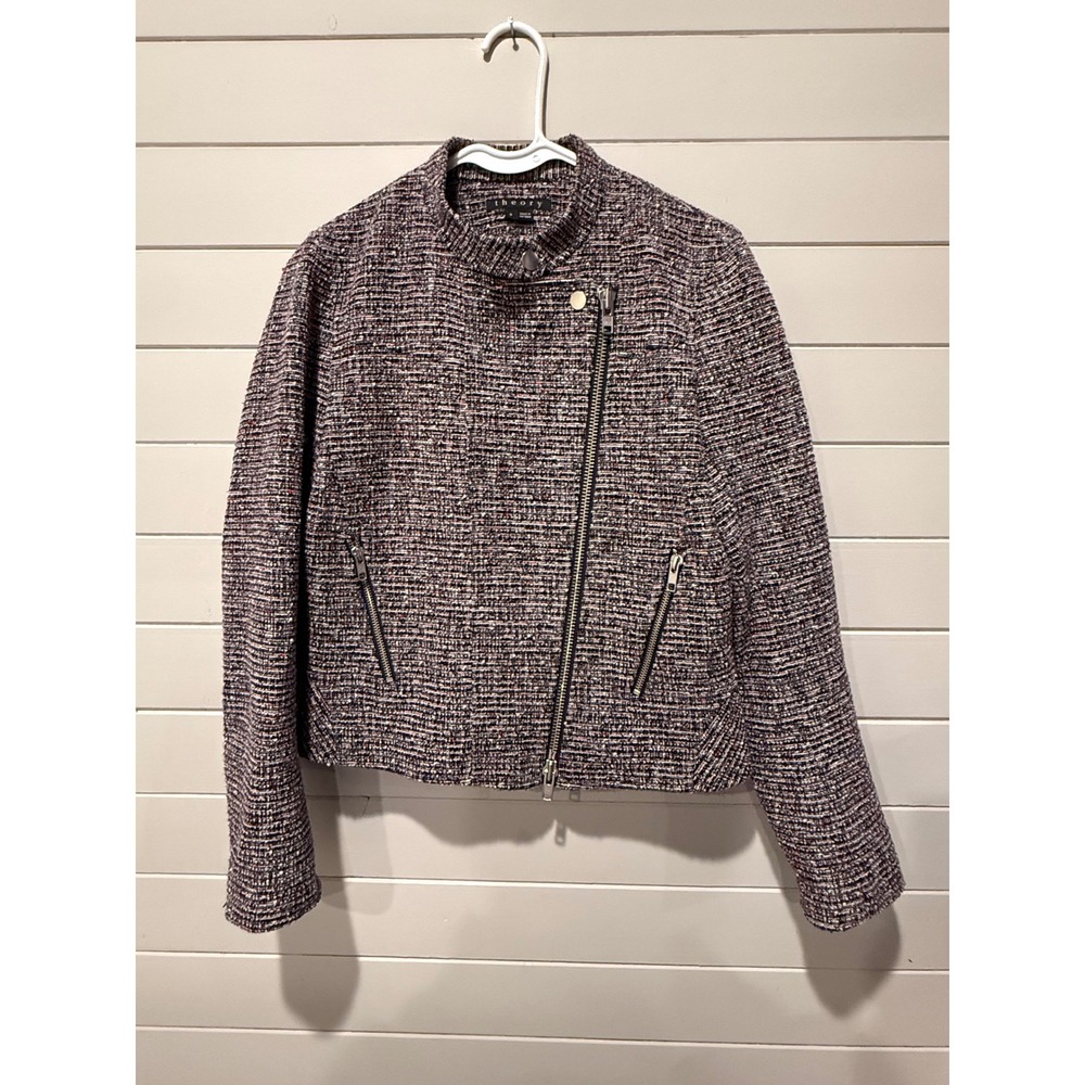 Theory Womens Tweed Moto Jacket Asymmetrical Zip‎ Peplum Hem Multi-Color Size 6